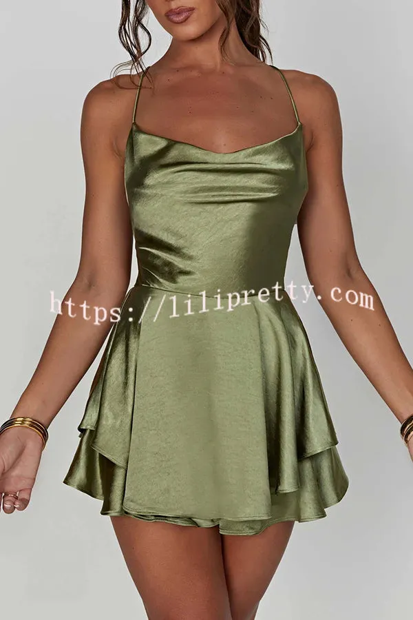 Ruffled Elegant Satin Strappy Satin Backless Lace Up Mini Dress