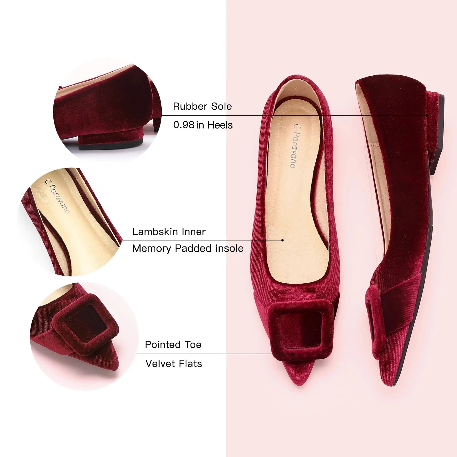 Square Buckle Velvet Flats (Aida) Claret