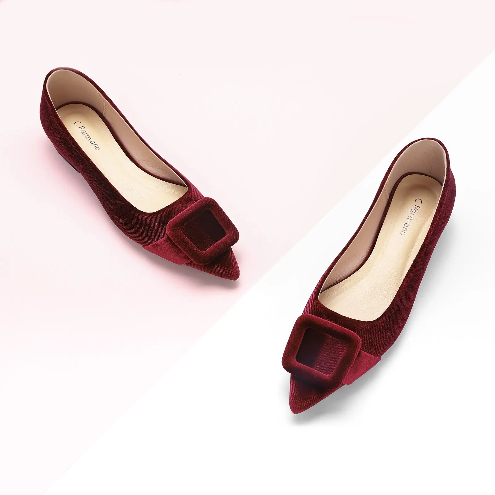 Square Buckle Velvet Flats (Aida) Claret
