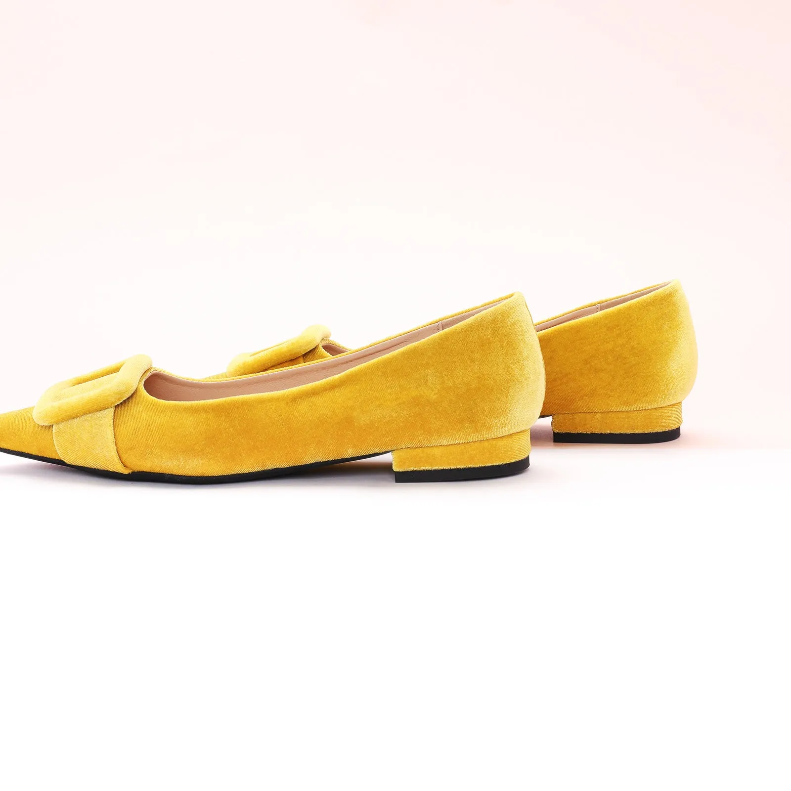 Square Buckle Velvet Flats (Aida) Yellow