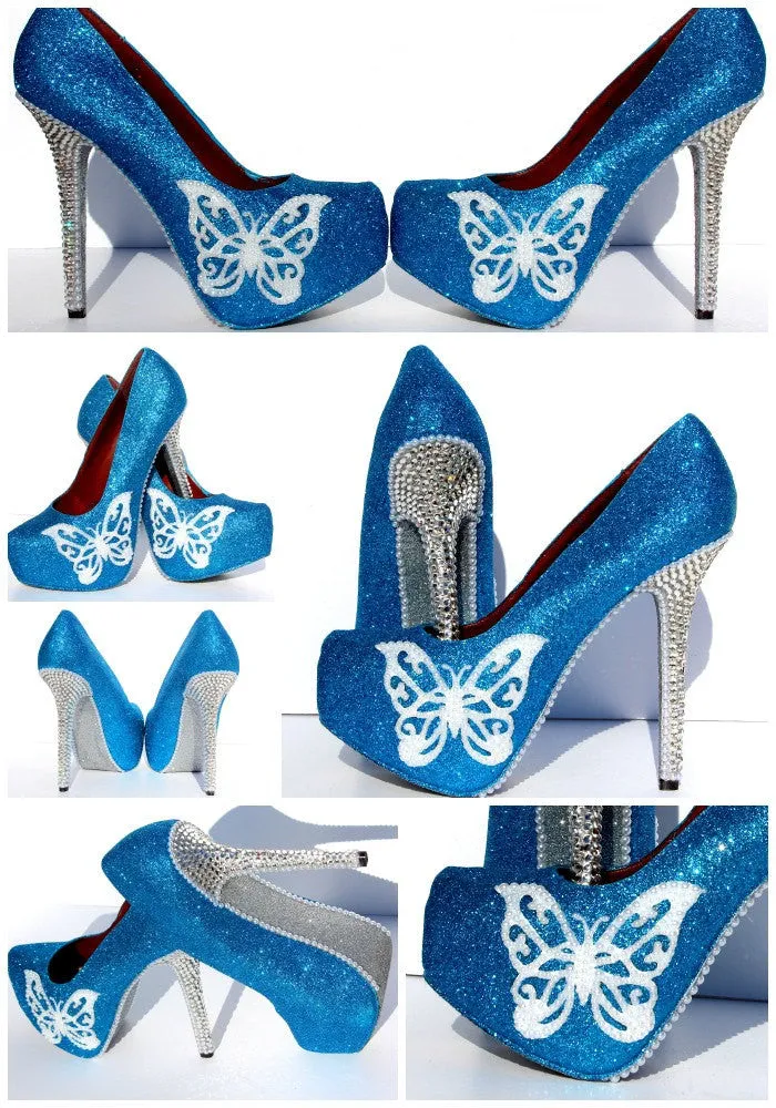 Turquoise Butterfly Glitter Heels with Crystals & Pearls