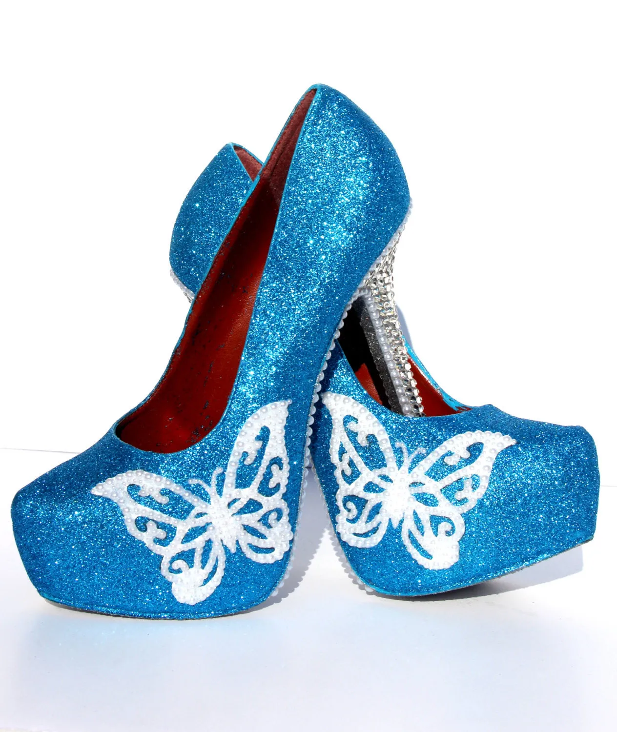 Turquoise Butterfly Glitter Heels with Crystals & Pearls