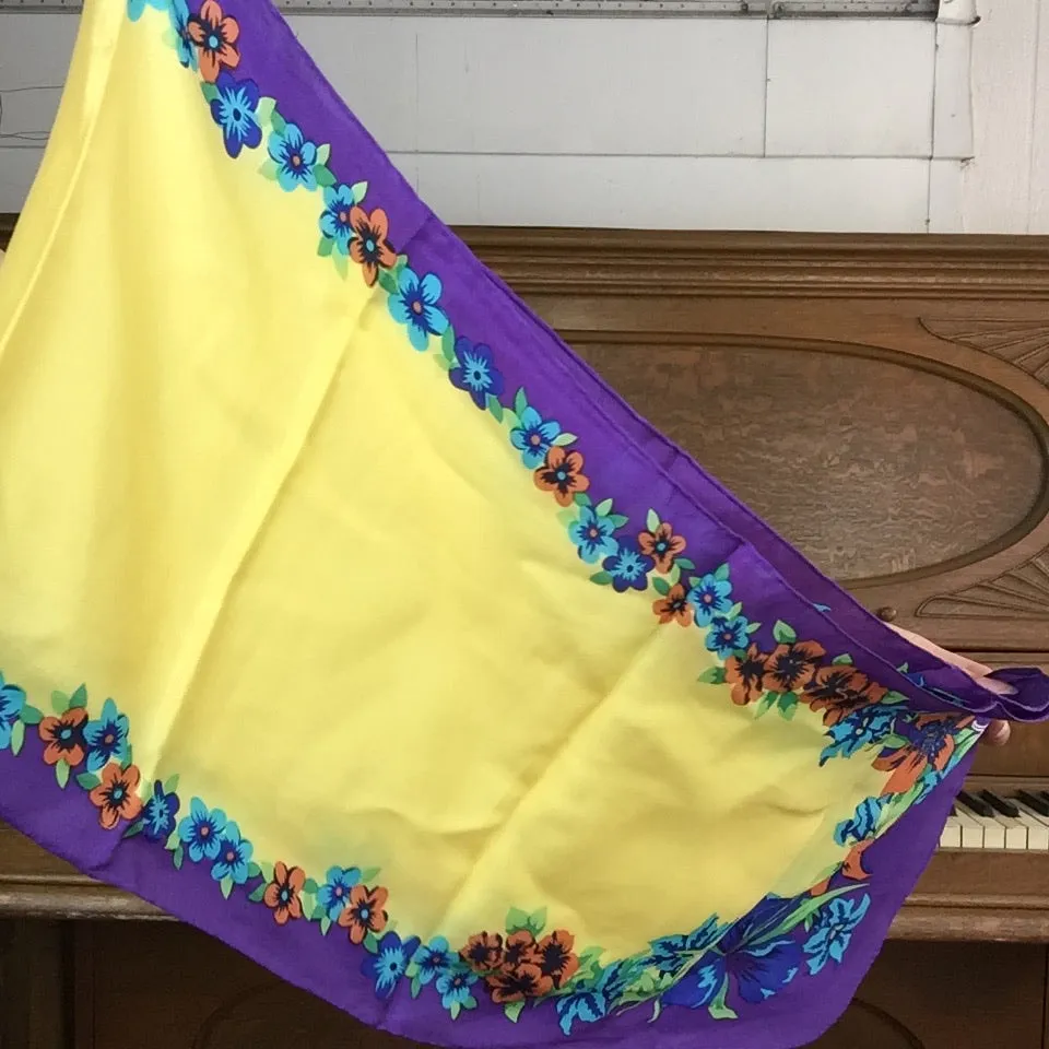 Vintage 60s 70s | Kenze Yellow Silk Floral Trim MOD Scarf