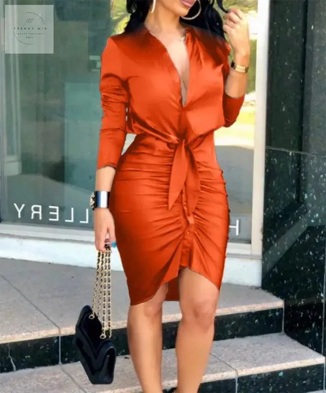 Women Lace-up Solid Color Long Sleeve Midi Dress Shirt Dress Elegant Fashion Party Dress