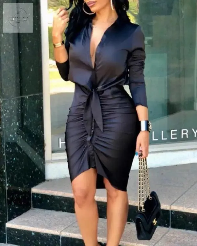 Women Lace-up Solid Color Long Sleeve Midi Dress Shirt Dress Elegant Fashion Party Dress