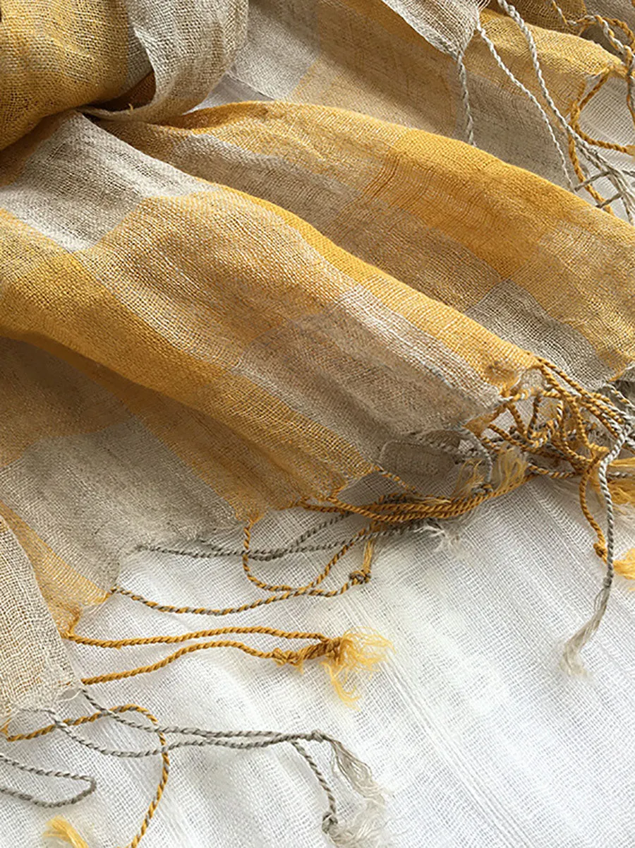 Women Vintage Plaid Tassel Linen Shawl Scarf