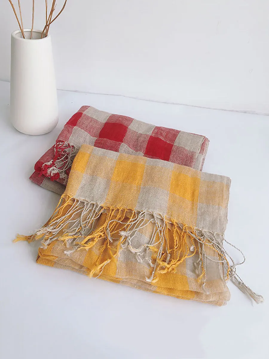 Women Vintage Plaid Tassel Linen Shawl Scarf