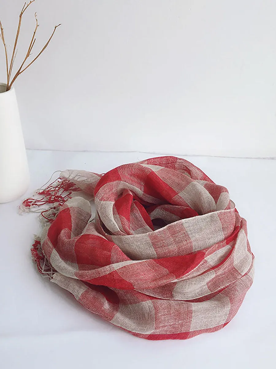 Women Vintage Plaid Tassel Linen Shawl Scarf
