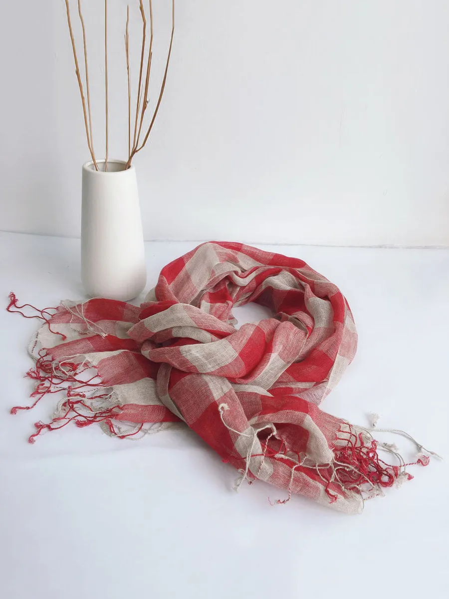 Women Vintage Plaid Tassel Linen Shawl Scarf