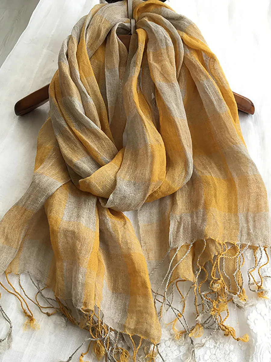 Women Vintage Plaid Tassel Linen Shawl Scarf