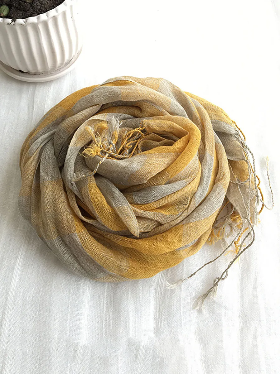 Women Vintage Plaid Tassel Linen Shawl Scarf