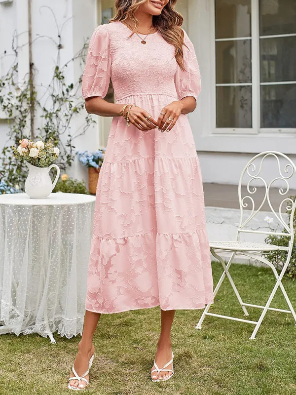Women's Elegant Everyday Dress in Solid Color Chiffon with Round Neckline