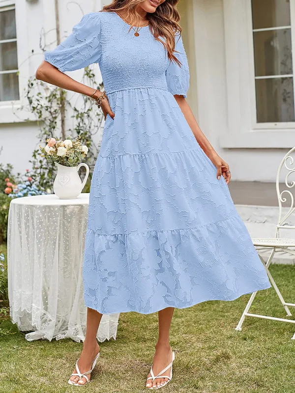 Women's Elegant Everyday Dress in Solid Color Chiffon with Round Neckline