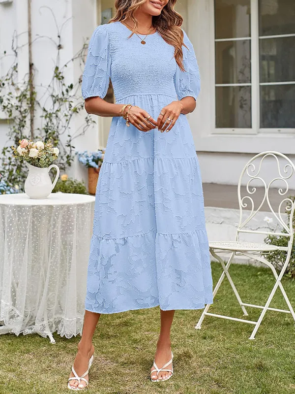 Women's Elegant Everyday Dress in Solid Color Chiffon with Round Neckline