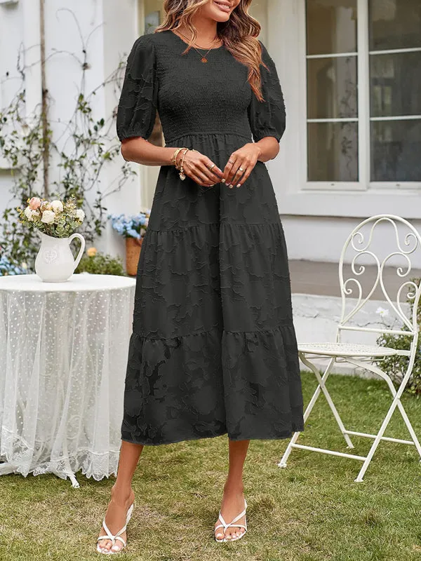 Women's Elegant Everyday Dress in Solid Color Chiffon with Round Neckline