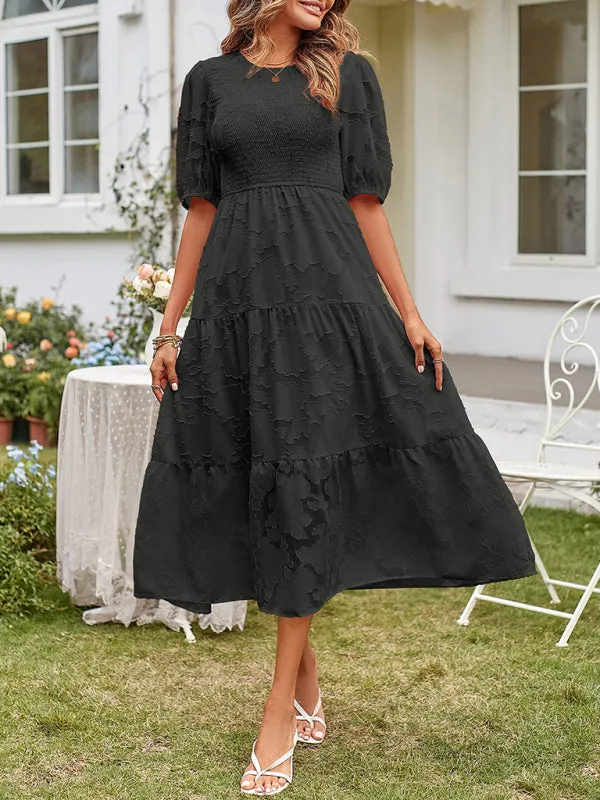 Women's Elegant Everyday Dress in Solid Color Chiffon with Round Neckline