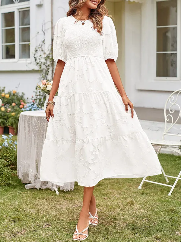 Women's Elegant Everyday Dress in Solid Color Chiffon with Round Neckline