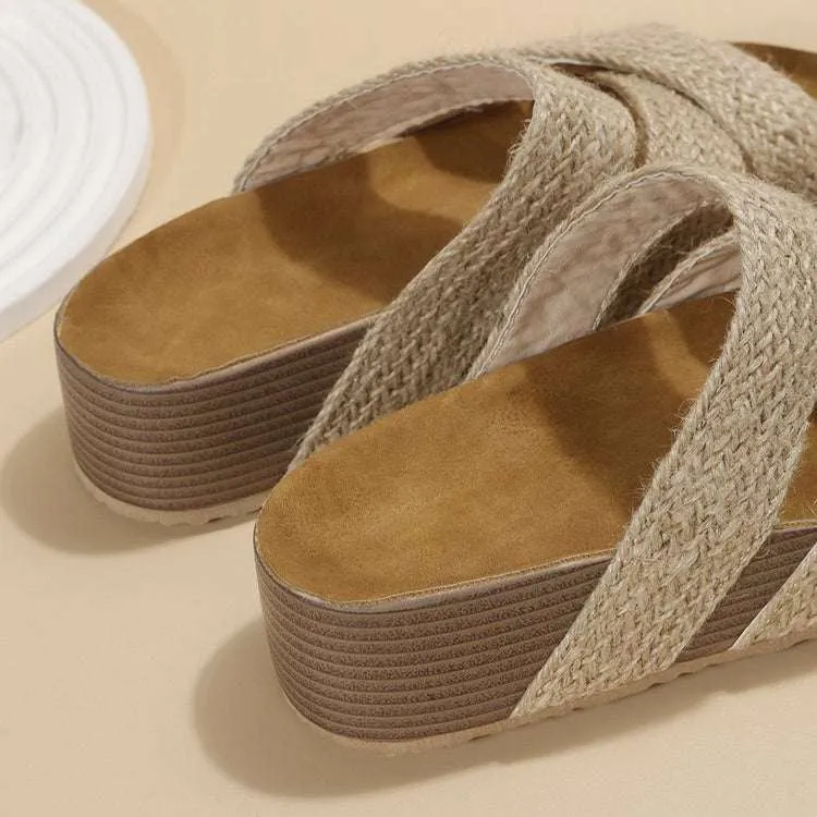 Woven Cross-strap 2 Strap Flatform Sandals Women Flat Beach Shoes
