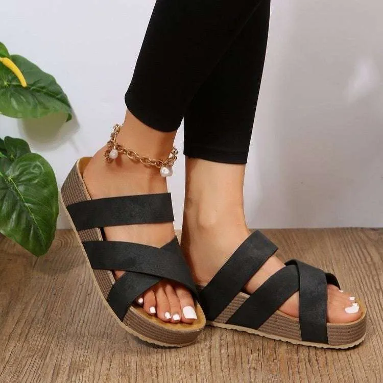 Woven Cross-strap 2 Strap Flatform Sandals Women Flat Beach Shoes