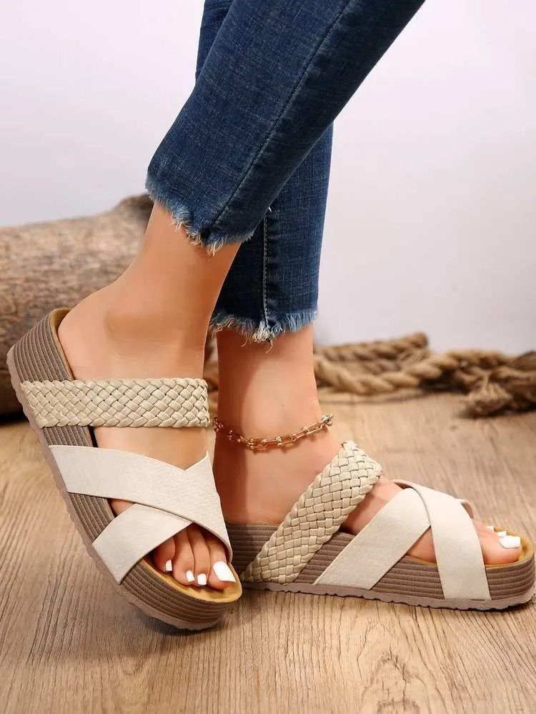 Woven Cross-strap 2 Strap Flatform Sandals Women Flat Beach Shoes