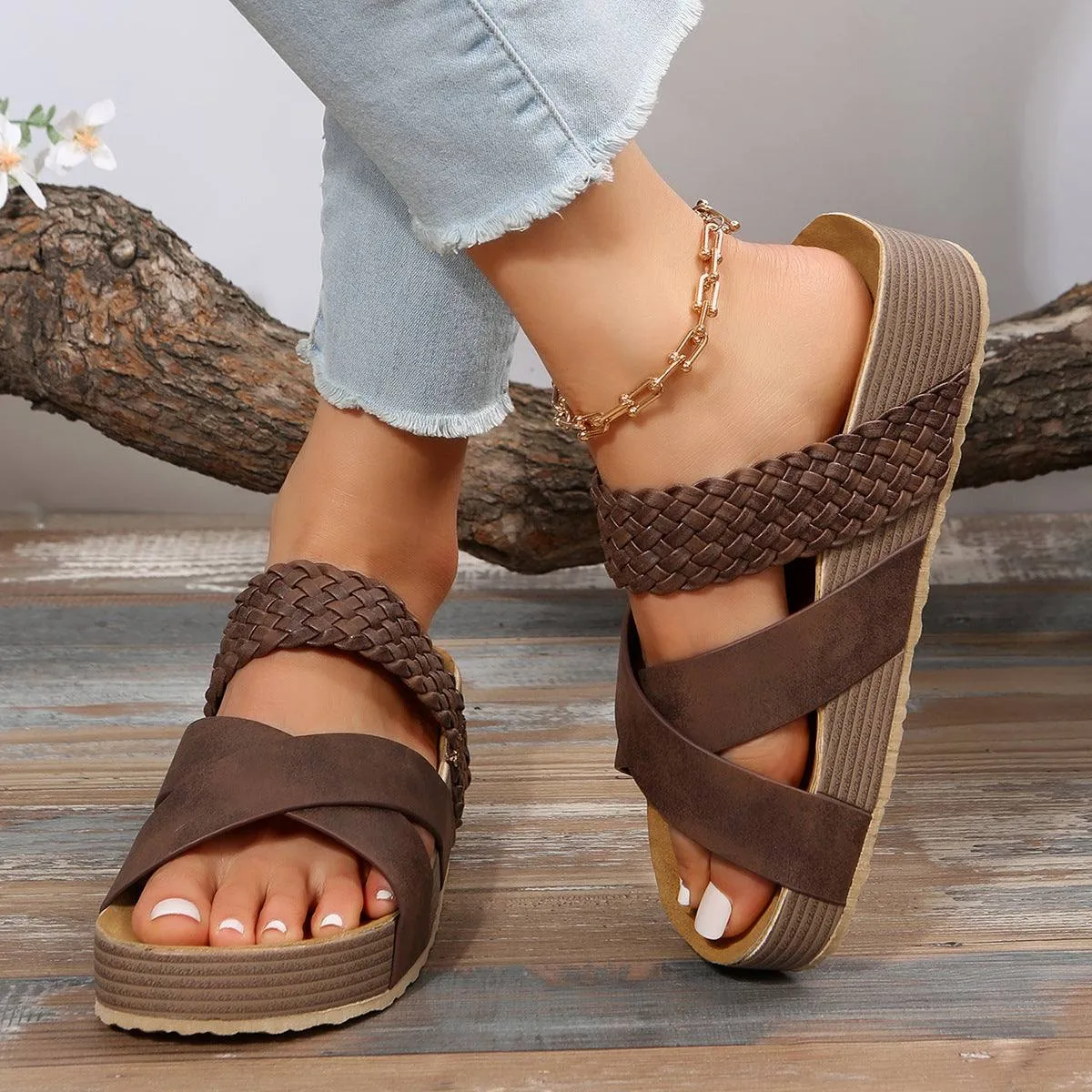 Woven Cross-strap 2 Strap Flatform Sandals Women Flat Beach Shoes