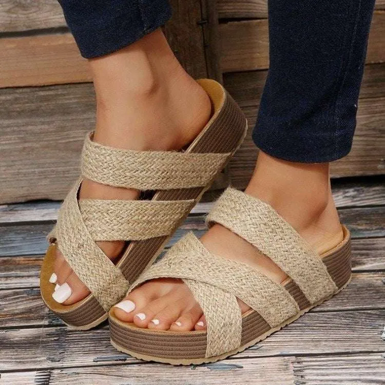 Woven Cross-strap 2 Strap Flatform Sandals Women Flat Beach Shoes