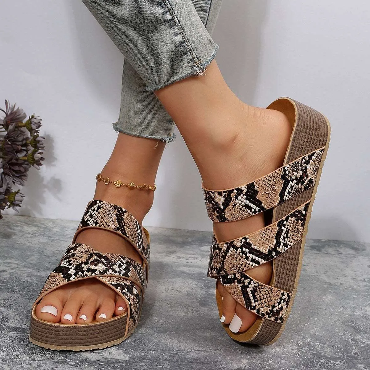 Woven Cross-strap 2 Strap Flatform Sandals Women Flat Beach Shoes