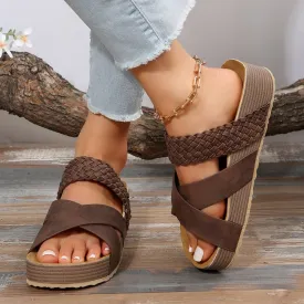 Woven Cross-strap 2 Strap Flatform Sandals Women Flat Beach Shoes