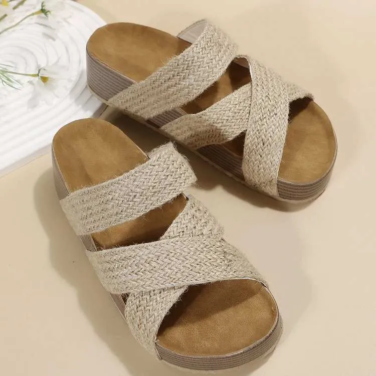 Woven Cross-strap 2 Strap Flatform Sandals Women Flat Beach Shoes